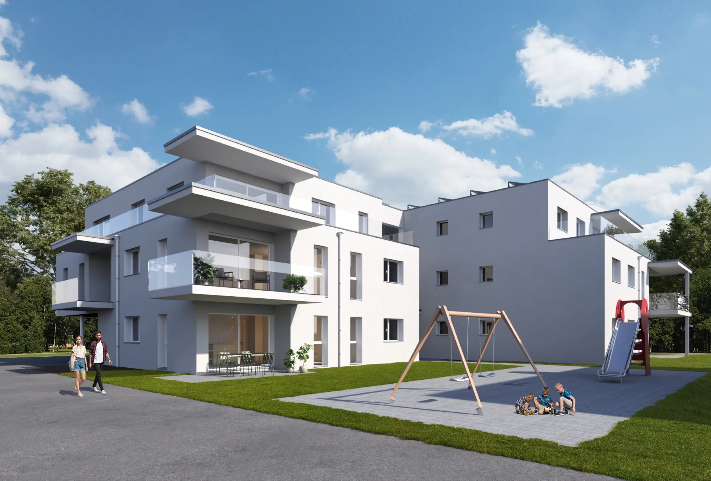 La résidence La Treille, façades blanches et attique en retrait, avec sa place de jeux