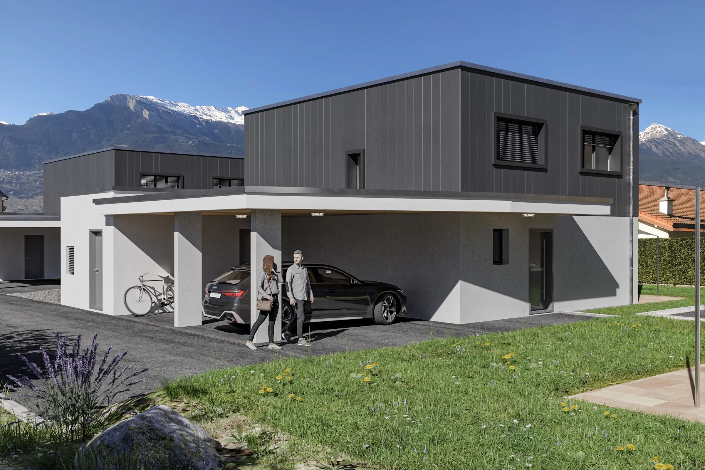 Villa des 5 Sens, étage en bardage anthracite sur un rez blanc, couvert à voiture et montagnes en fond