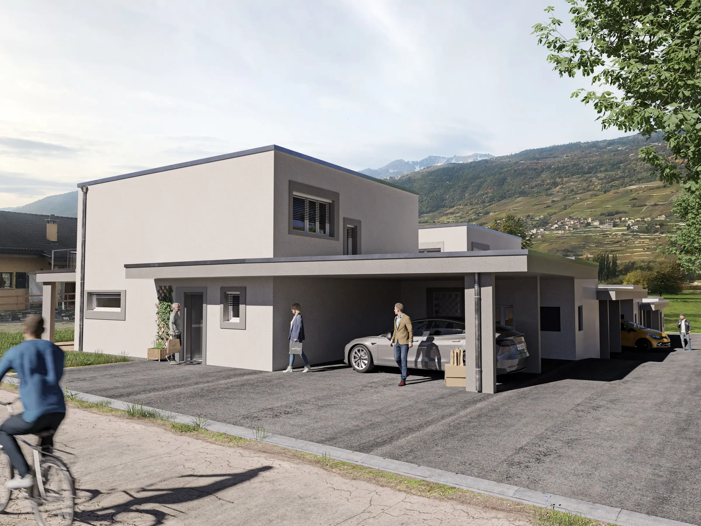 Les villas Triticum à Chalais, volumes gris clair à toit plat, couverts à voiture et coteau en arrière-plan