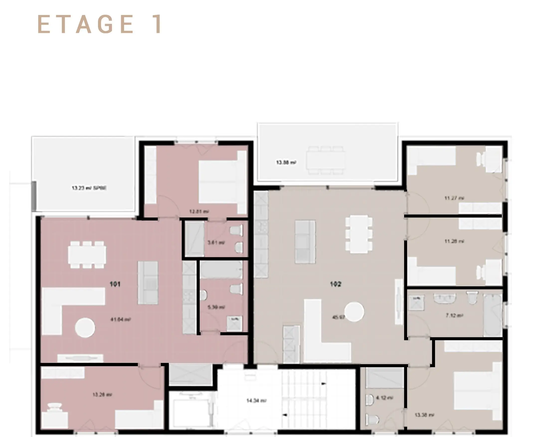 Plan du 1er étage, appartements 101 et 102