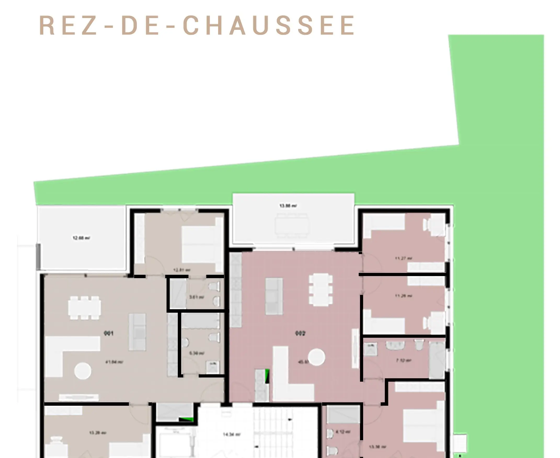 Plan du rez-de-chaussée, appartements 001 et 002